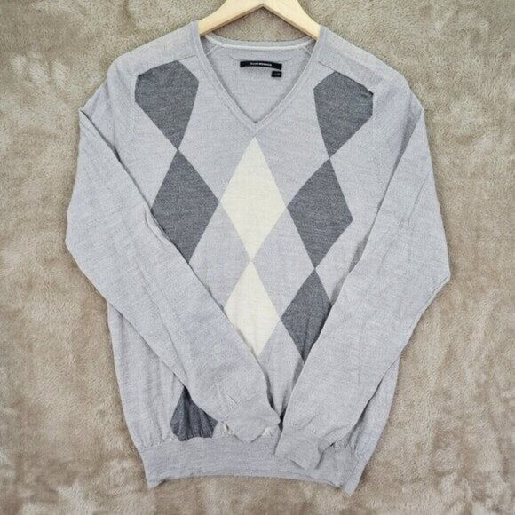 Club Monaco 100% Merino Wool Sweater Argyle Pattern Mens Size L Gray Long Sleeve - Picture 1 of 10